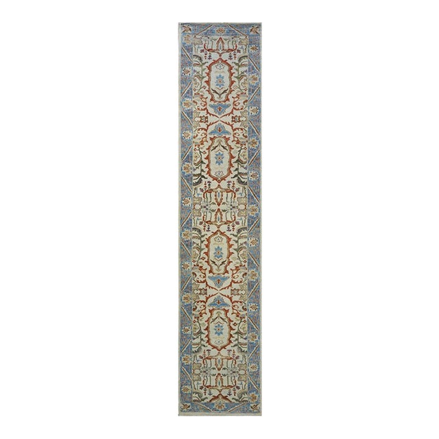 Afghan Sultanabad Masters Wool 3X14 Ivory, Blue & Rust Handmade Runner Rug #1143751 For Sale