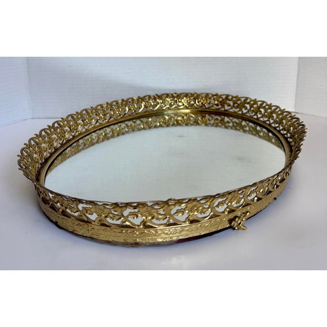 Gold Vintage Hollywood Regency Gold Filigree Vanity Tray Mirror, Oval Ormolu Style Dresser Tray For Sale - Image 8 of 11