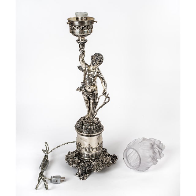 1950s Spanish Empire Silver-Plated Cast Brass Cupid Cherub Lamp With Scavo Flame Shade For Sale - Image 4 of 13