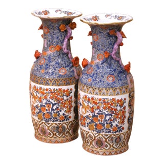 Pair of Early 20th C. Asian Imari Porcelain Vases With Floral and Bird Motifs For Sale