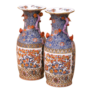 Pair of Early 20th C. Asian Imari Porcelain Vases With Floral and Bird Motifs