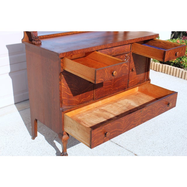 Antique Victorian Quarter-Sawn Tiger Oak Buffet Sideboard With Beveled Mirror and Lion Paw Feet on Casters For Sale - Image 10 of 18