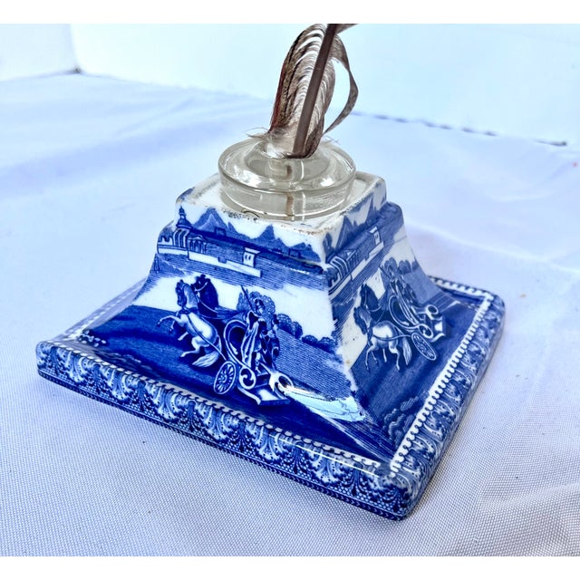 Antique English Blue & White Transferware Pyramidal Inkwell With French Glass Insert & Quill For Sale - Image 12 of 14