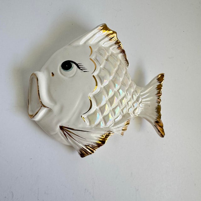 Ceramic Mid Century Ceramic Fish Wall Plaques Gold White Iridescent Luster Kitschy Bathroom Decor a Pair For Sale - Image 7 of 11