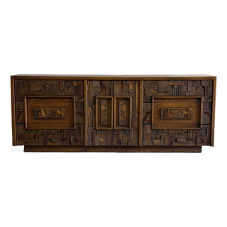 Lane Oak Credenza Brutalist Wooden Sideboard Large Storage Mid-Century Modern 1970s For Sale