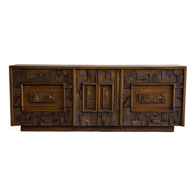 Lane Oak Credenza Brutalist Wooden Sideboard Large Storage Mid-Century Modern 1970s For Sale
