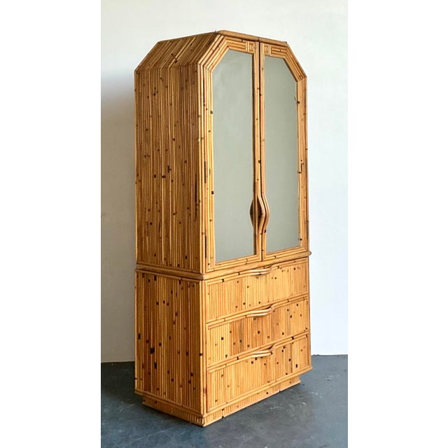 Vintage Boho Faceted Bamboo Mirrored Armoire For Sale - Image 9 of 12