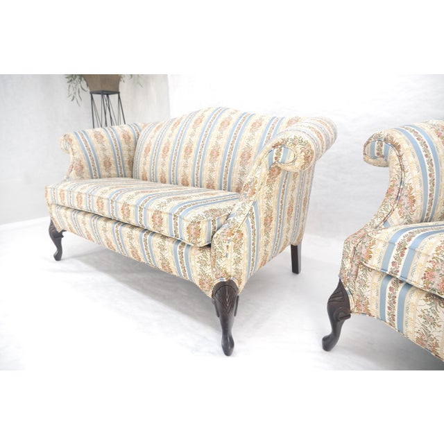Pair of Camelback Loveseat Blue & White Striped & Floral Upholstery MINT! For Sale - Image 6 of 18