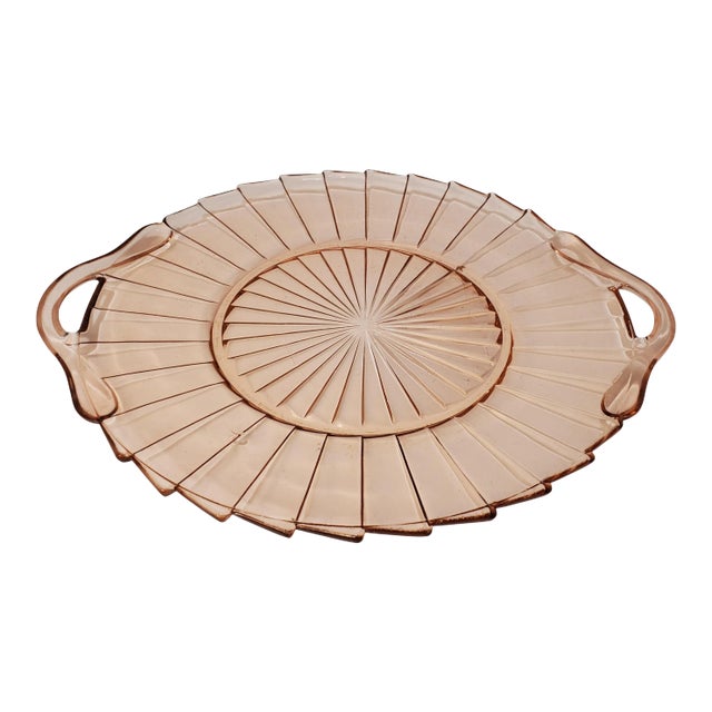 Art Deco Jeanette Sierra Pink Glass Double Handled Tray For Sale