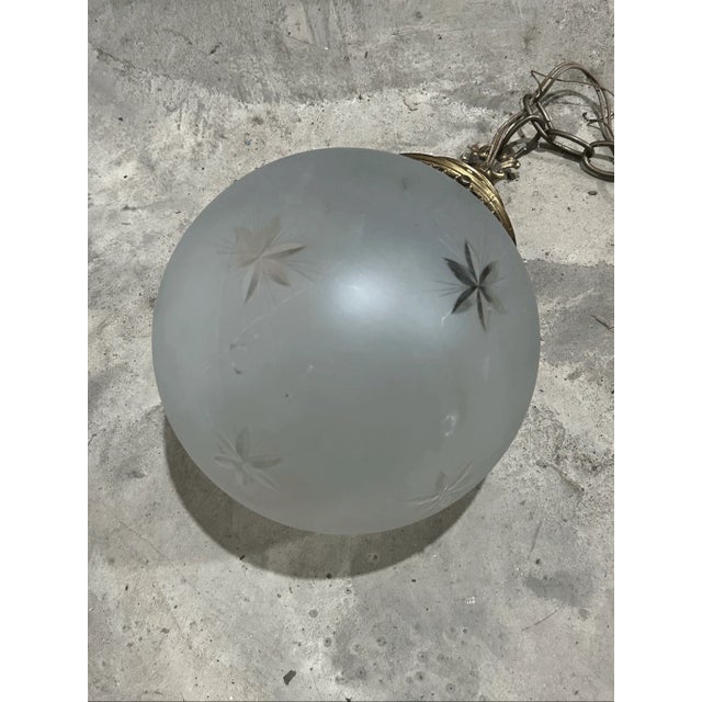 Metal Antique Victorian Style Ornate Brass and Etched Glass Globe Wired Pendant Light For Sale - Image 7 of 8