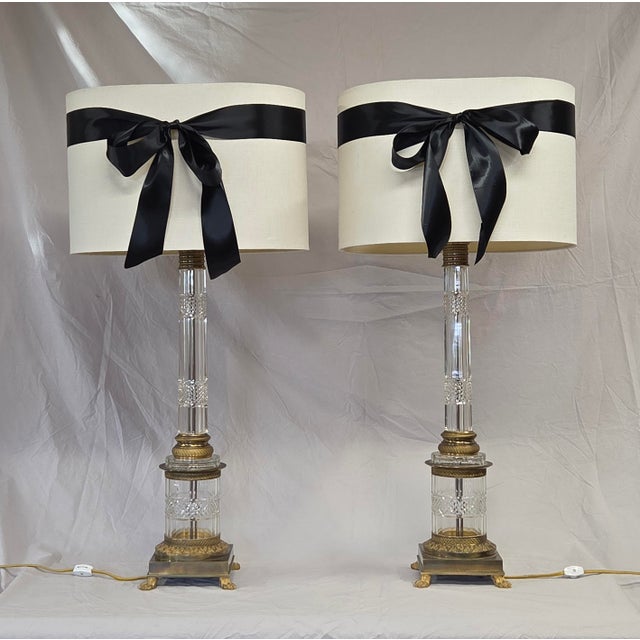 Vintage Crystal and Brass Column Table Lamps - Style of William Kessler Baccarat For Sale - Image 15 of 17