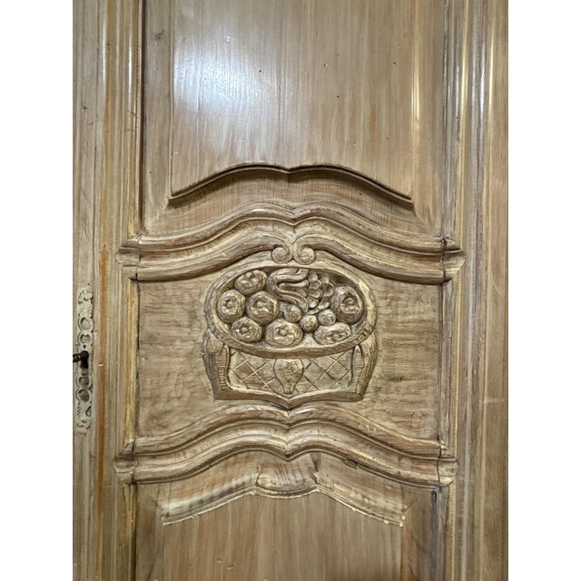 Late 20th Century French Provincial Bleached Oak Buffet À Deux Corps Cabinet With Carved Fruit Basket Doors For Sale - Image 5 of 12