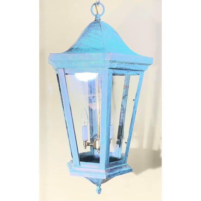 Large Vintage Solid Brass Hexagonal Lantern – Verdigris Patina For Sale - Image 9 of 13