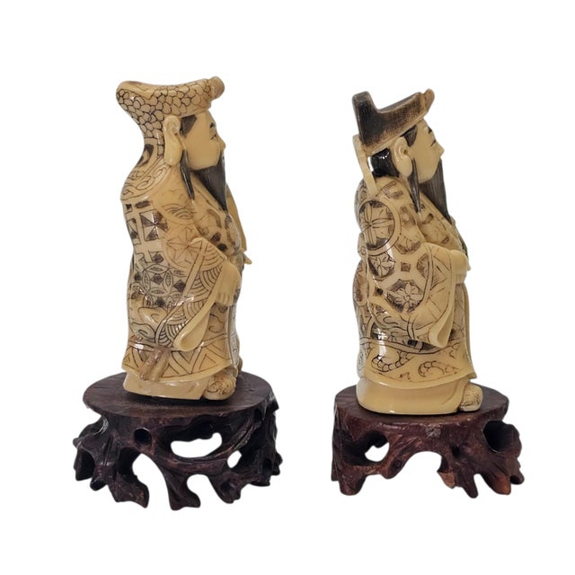 Pair Chinese Scholar and Deity Figures on Carved Hardwood Stands 3.25" For Sale - Image 9 of 10