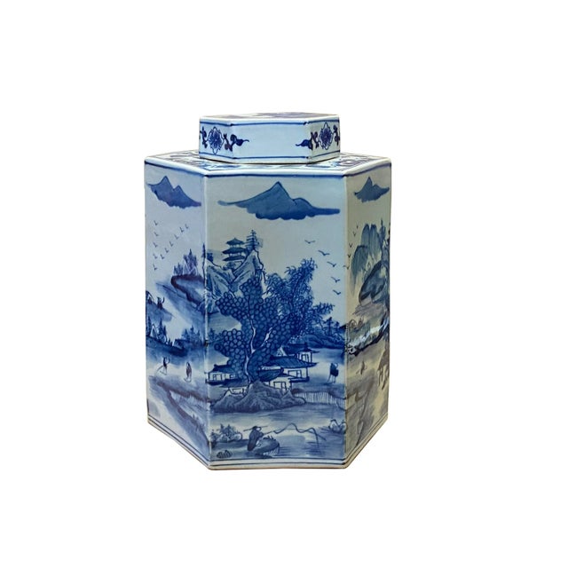 2020s Chinese Blue & White Porcelain Trees Scenery Hexagon Jar Container For Sale - Image 5 of 6