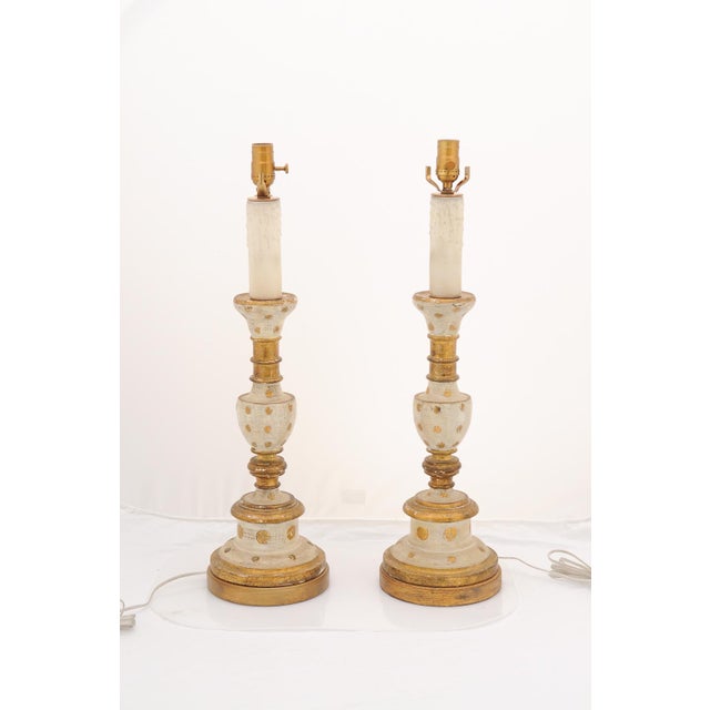 Paint 1940s Large Italian Gilt & Hand-Painted Candlestick Lamps For Sale - Image 7 of 12
