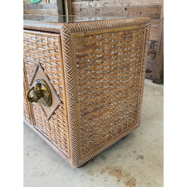 1980s Vintage Coastal Regency Handwoven Rattan Sideboard With Elephant Head Pulls For Sale - Image 5 of 12