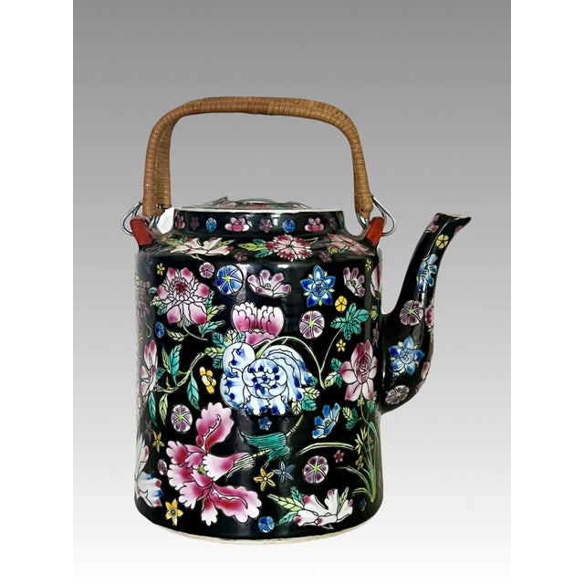 Vintage 1000 Flowers Chinese Famille Noire Black Porcelain Tea Pot, Jingdezhen (Millefleurs) For Sale - Image 4 of 9
