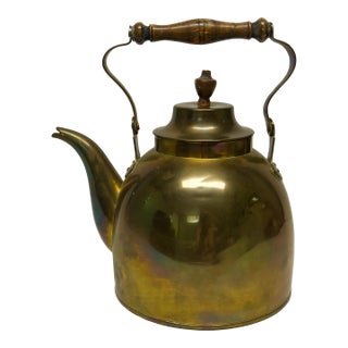 Early 20th Century Late Victorian Brass Tea Kettle With Wood Handle For Sale