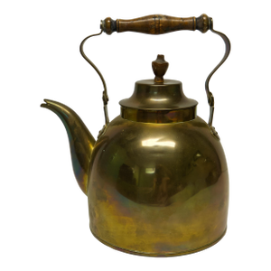 Early 20th Century Late Victorian Brass Tea Kettle With Wood Handle
