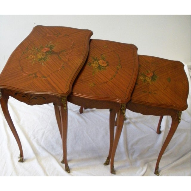 Antique French Mahogany Hand Painted Inlaid Nesting Tables With Brass Ormolu—Set of Three For Sale - Image 4 of 9