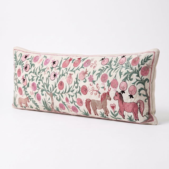 Mid-Century Modern Horse Suzani Lumbar Pillow Cover 18'' X 53'' For Sale - Image 3 of 4