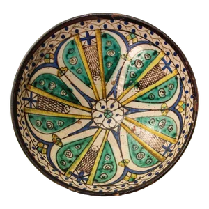 19th C. Moroccan Ceramic Bowl Polychrome Footed Dish Fez