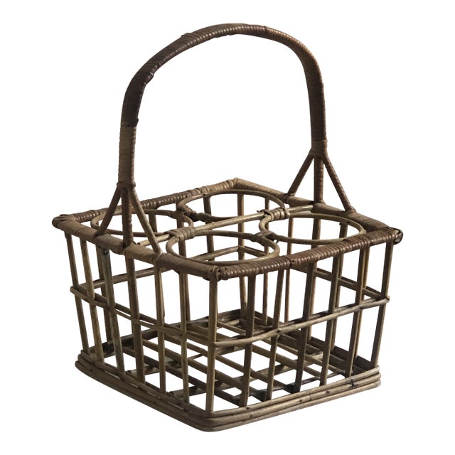 Mid-20th Century Four Bottle Rattan Wine Caddy For Sale