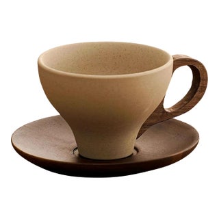 Handcrafted Ceramic & Wood Coffee Cup Set With Saucer For Sale