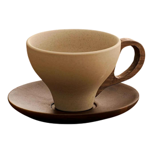 Handcrafted Ceramic & Wood Coffee Cup Set With Saucer