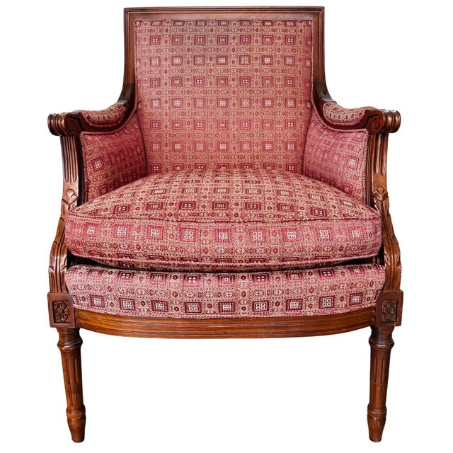 French Provincial Vintage Hancock & Moore Louis XVI Neoclassical Mahogany Bergère Chairs - A Pair For Sale - Image 3 of 17