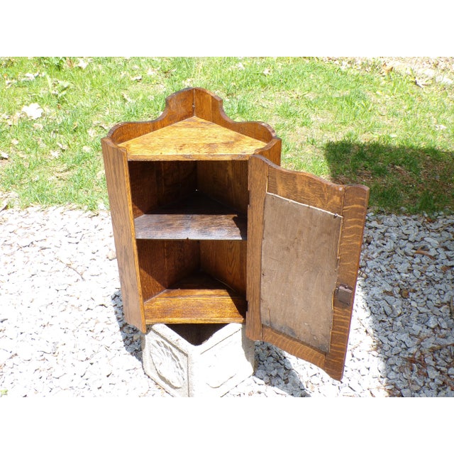 Antique Oak Corner Medicine Cabinet Beveled Mirror Cupboard Kitchen Apothecary For Sale - Image 4 of 13