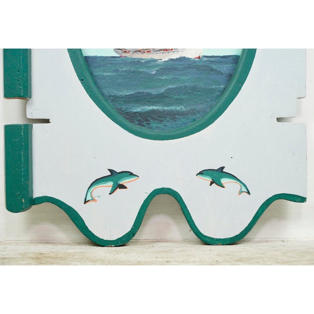 Late 20th Century Pair of Hand Painted Sailboat White & Blue Wood Wall Art Pieces For Sale - Image 10 of 16