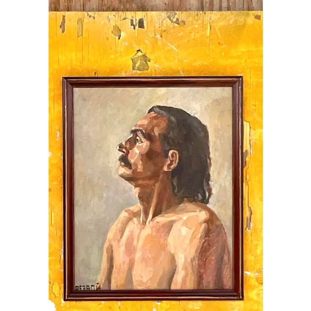 Oyster Gray Vintage Boho Signed Original Oil Portrait on Board For Sale - Image 8 of 12