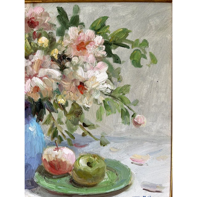 Late 20th Century Impressionist Floral Still Life Painting of Peonies and Apples For Sale - Image 9 of 12