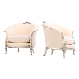 A Pair of French Louis XV Style Silver Leaf Lounge Chairs, C. 1930. For Sale