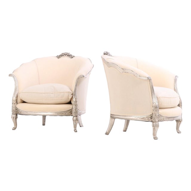 A Pair of French Louis XV Style Silver Leaf Lounge Chairs, C. 1930. For Sale