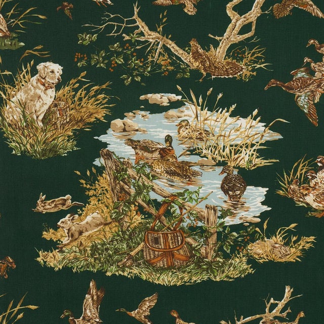Schumacher Dog & Duck Fabric In Verdant For Sale
