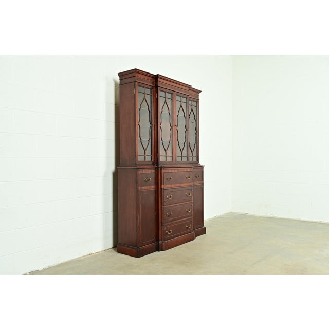 Baker Furniture Company Baker Furniture Style Georgian Banded Mahogany Breakfront Bookcase Cabinet With Drop Front Secretary Desk For Sale - Image 4 of 15
