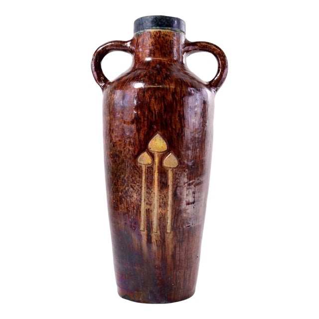Antique Belgian Majolica Art Pottery Twin-Handled Vase with Toadstool Motif For Sale