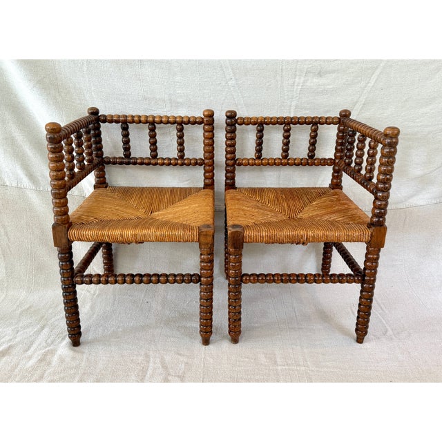French Provincial Exceptional Pair of French Oak Bobbin Corner Chairs For Sale - Image 3 of 9