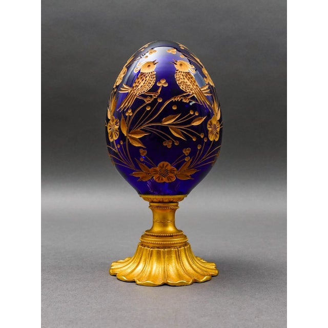 Mid 20th Century Mid 20th Century Style of Faberge Cobalt Blue Cut Crystal Gold Gilt Floral Love Birds Egg For Sale - Image 5 of 6