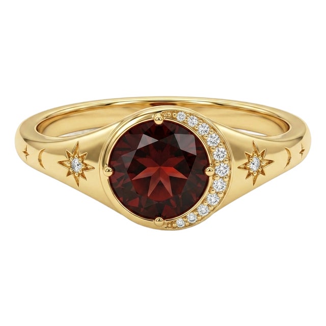 Natural Garnet Celestial Ring • Moon.& Starburst Gemstone Signet Ring • Unique Garnet Engagement Ring • Us 7 For Sale