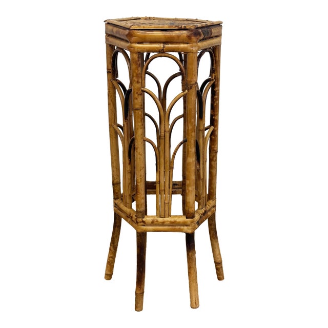 Vintage Scorched Bamboo Plant Stand For Sale