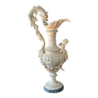 Vintage Cast Metal Figural Ewer With Cherub & Marble Base, 24” For Sale