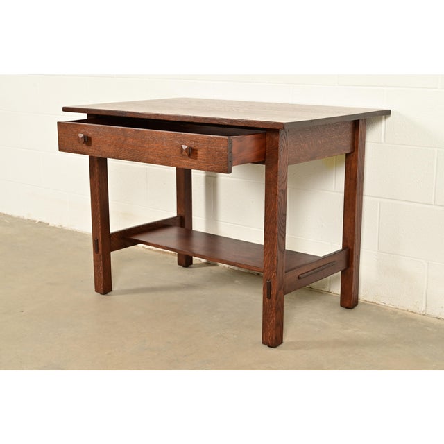 Stickley Brothers Antique Mission Oak Arts & Crafts Writing Desk or Library Table, Newly Refinished For Sale In South Bend - Image 6 of 16