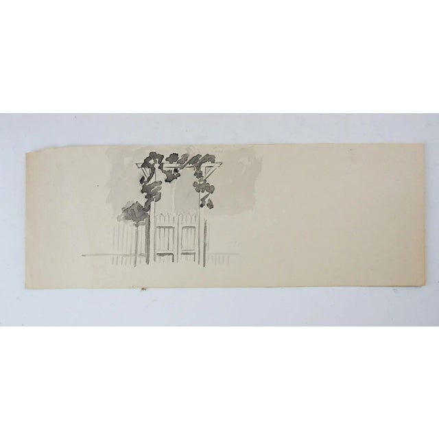 Vintage circa 1930's watercolor on paper grisaille study of garden gate. Unsigned. Unframed, image size 4" x 5", age toning.