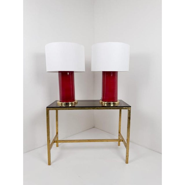 Italian Ruby Red Glazed Ceramic and Brass Twin Table Lamps, 1970s, Set of 2 For Sale - Image 12 of 18