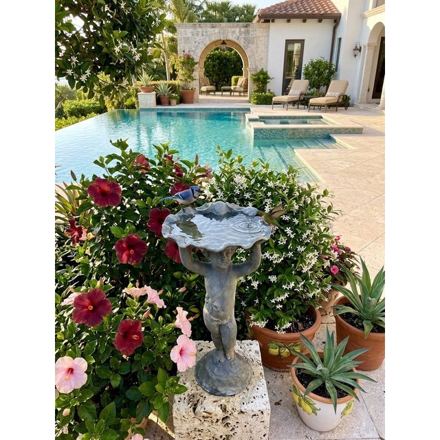 Metal Vintage Neoclassical Lead Putti Garden Birdbath & Fountain For Sale - Image 7 of 8