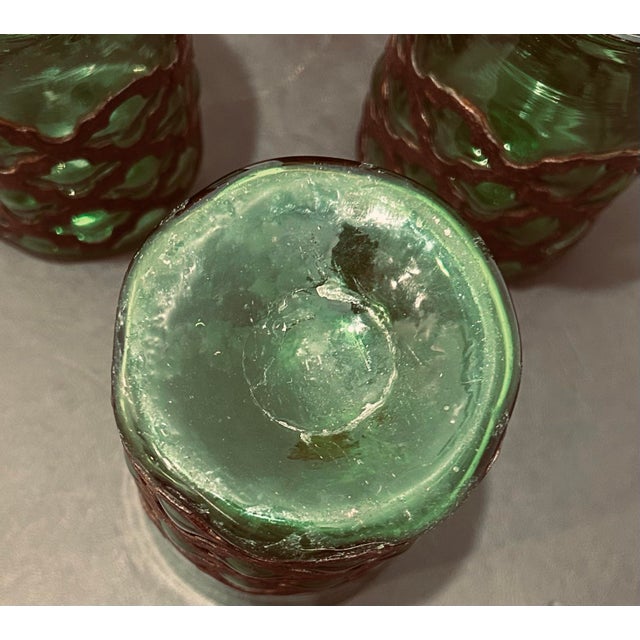 VTG Felipe Derflinger Handblown Amber & Green Brutalist Caged Tumblers, Set of 5 For Sale - Image 10 of 10